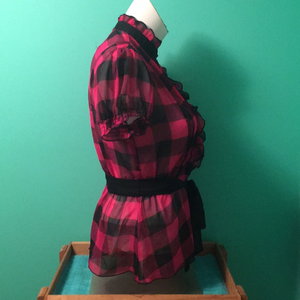 Sheer button down plaid top with ruffled bib - Picture 3 of 8